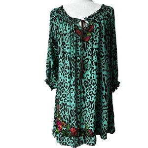 Krista Lee Animal Print Top Blouse Floral Embroidered Beaded Tunic SZ M